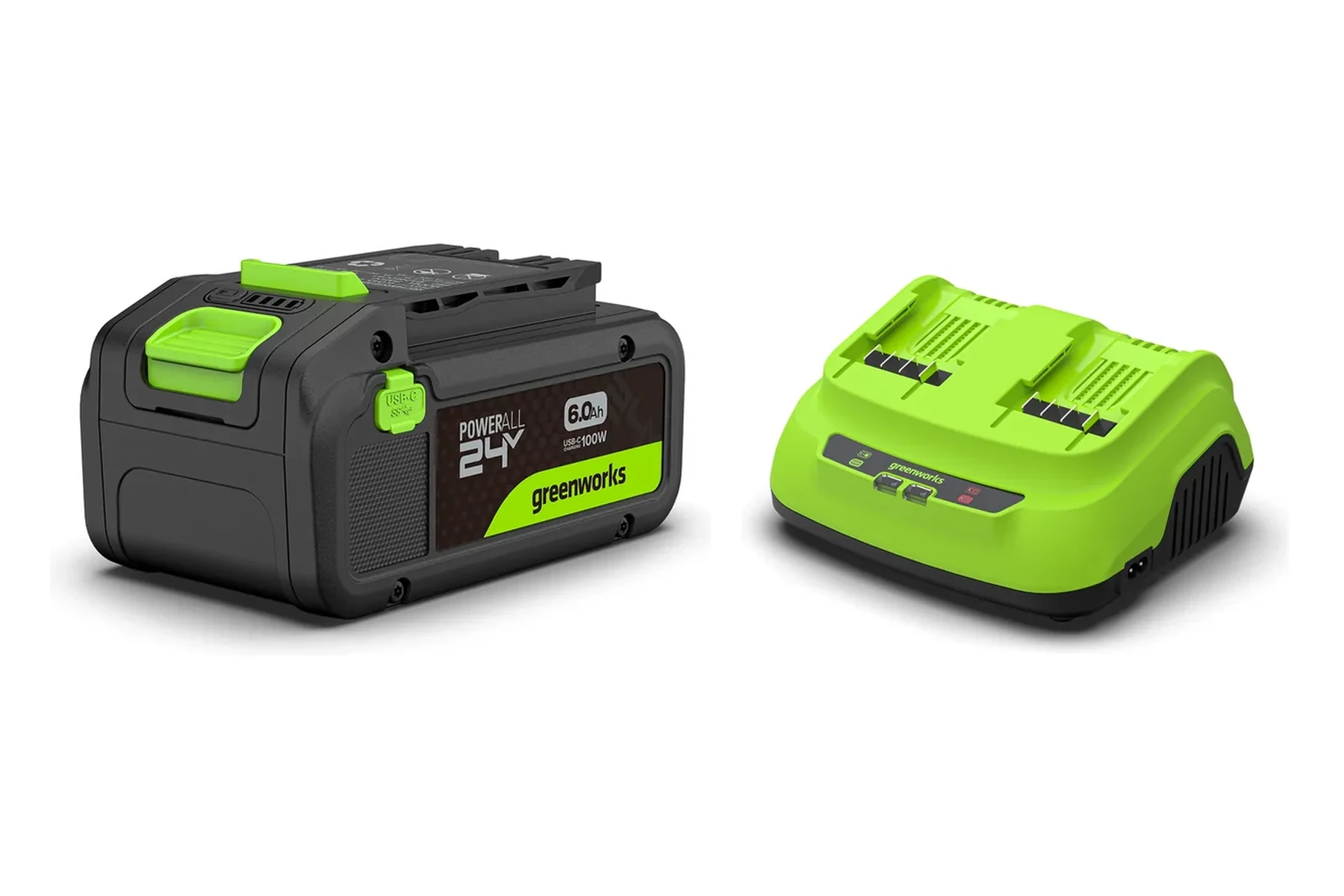 Greenworks 24 V POWERALL rafhlaða 6 Ah með USB-C-tengi og 24 V tvíhleðslutæki 200 W