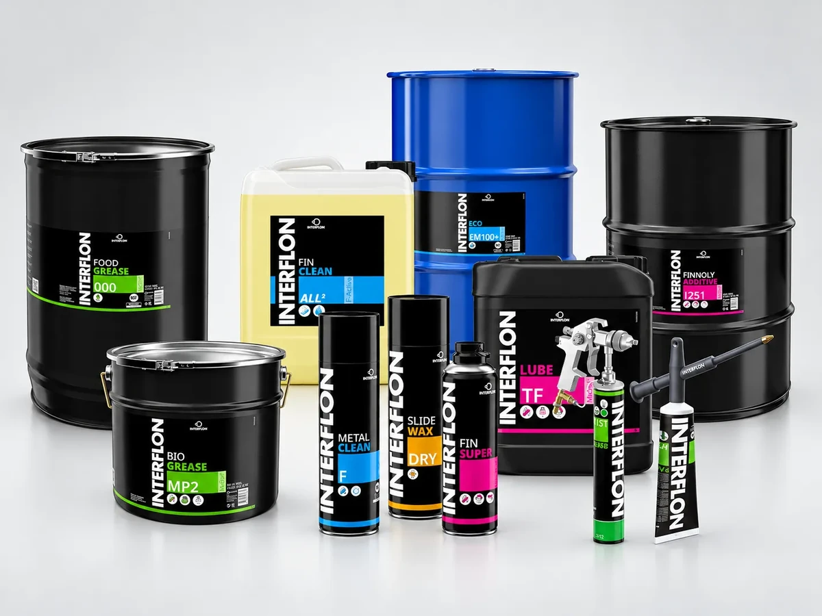 Interflon vörulínan hlið við hlið: Food Grease 000, Bio Grease MP2, Fin Clean All², Eco EM100+, Finnoly Additive I251, Lube TF, Metal Clean F, Slide Wax Dry, Fin Super og Lube Shuttle-byssan
