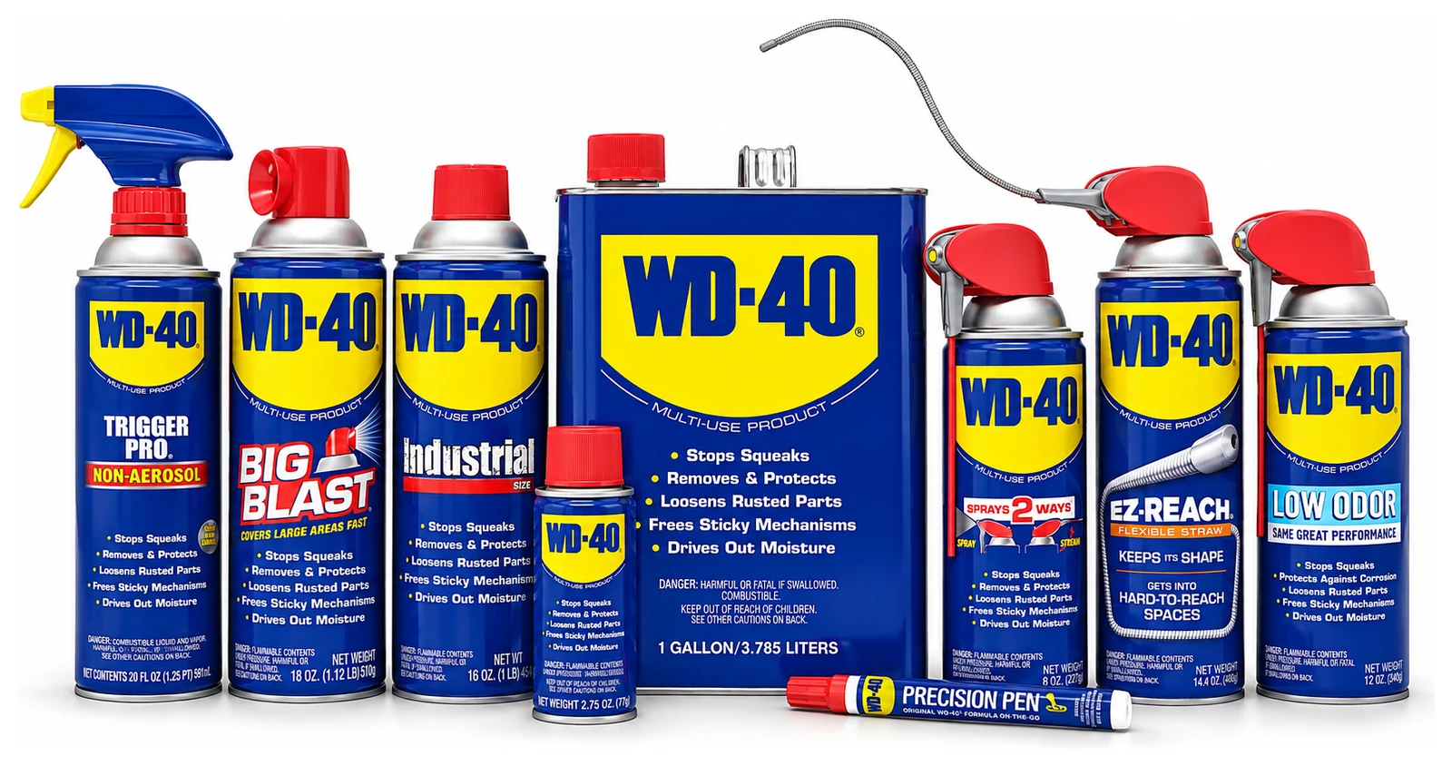 WD-40 vörulínan hlið við hlið: Trigger Pro úðabrúsi, Big Blast, Industrial Size, Smart Straw, EZ-Reach og Low Odor spreybrúsar, Precision Pen og stór Multi-Use brúsi