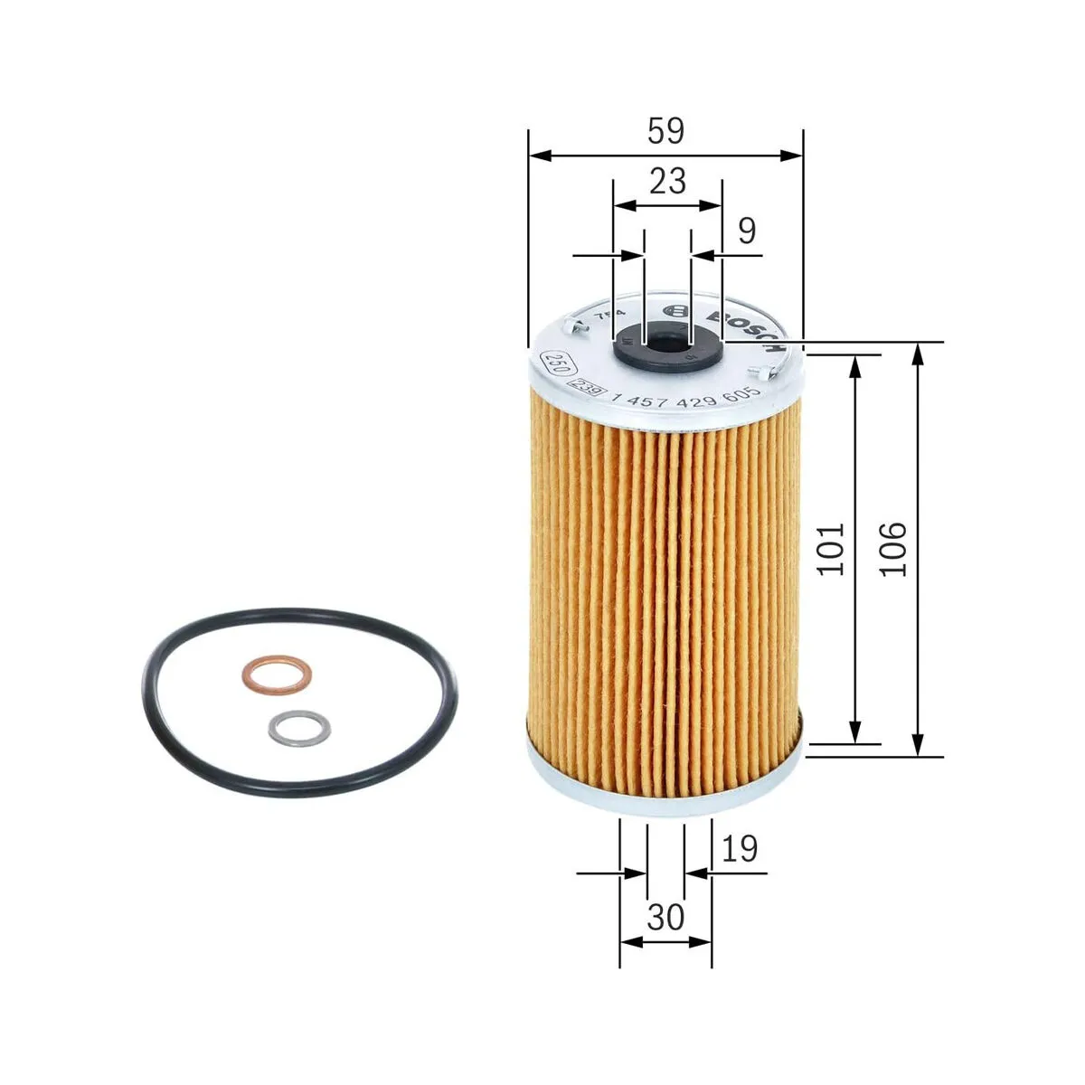 Málateikning af Bosch P 9605 olíusíuinnleggi