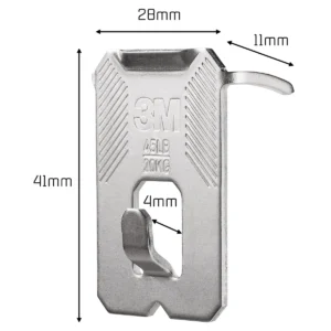 Málsetning á 3M CLAW 20 kg myndahengi, 41 mm hátt og 28 mm breitt.