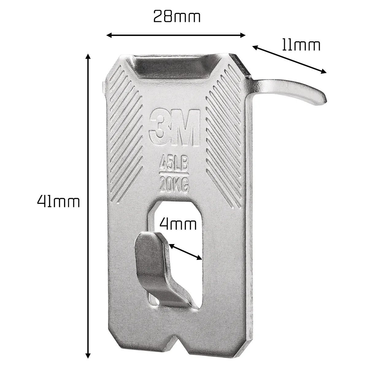 Málsetning á 3M CLAW 20 kg myndahengi, 41 mm hátt og 28 mm breitt.
