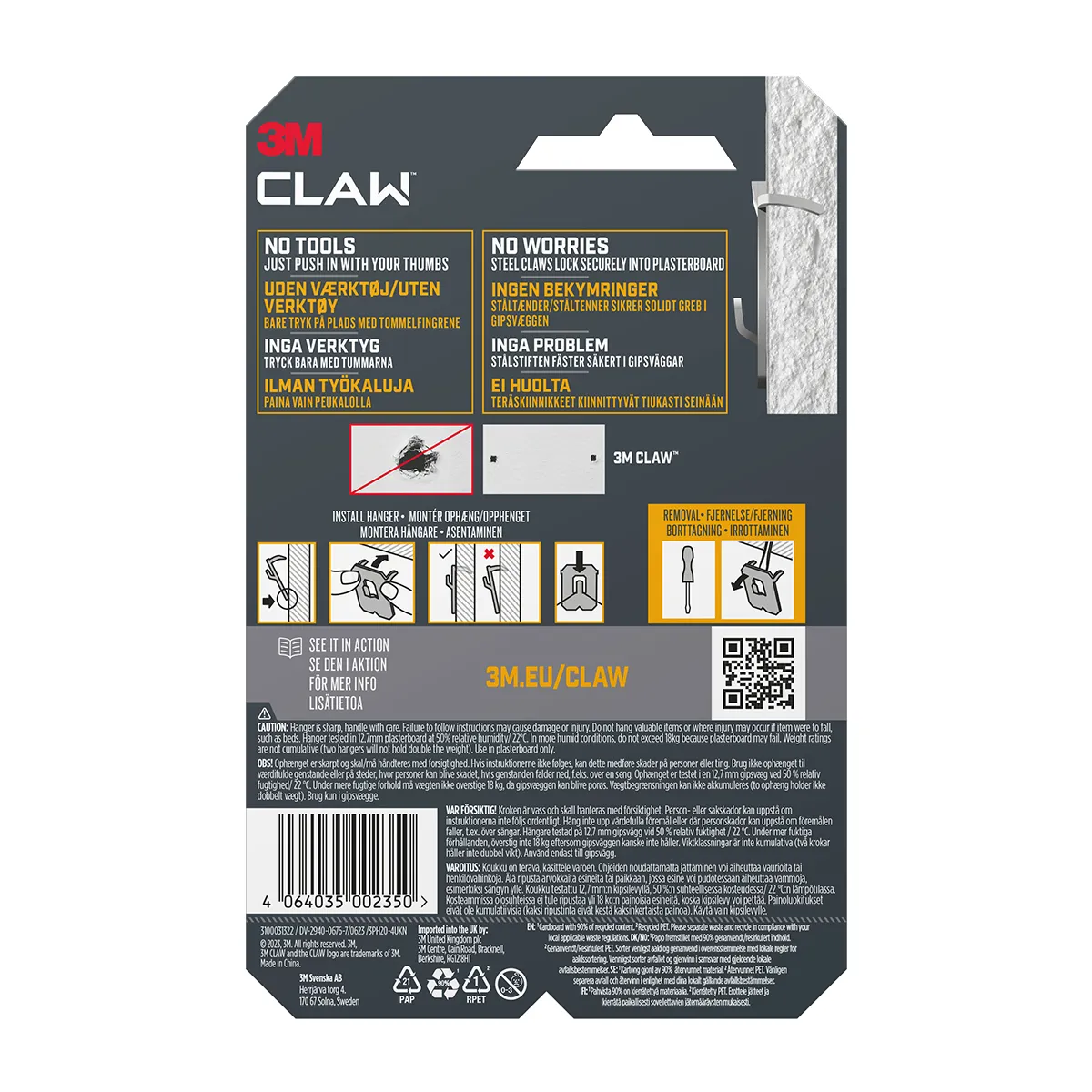 Bakhlið fjögurra stykkja pakkningar fyrir 3M CLAW 20 kg myndahengi.