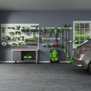 Greenworks verkfæri á vegg og vinnuborði í bílskúr