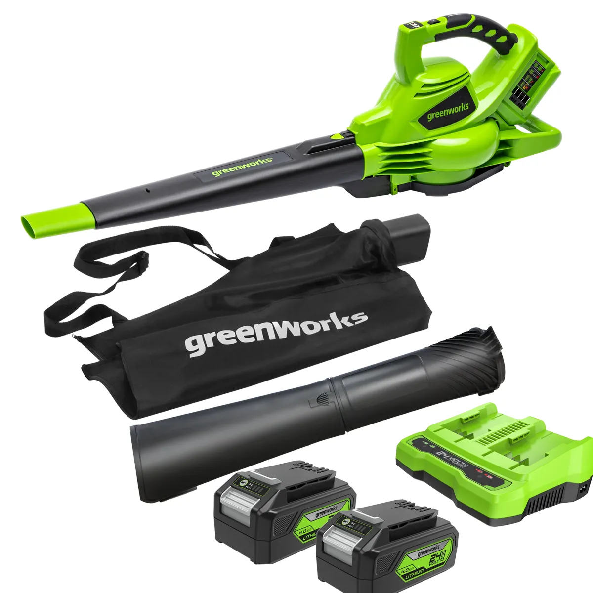 Greenworks 48V laufsuga og blásari – með söfnunarpoka, sogröri, rafhlöðum og hleðslutæki