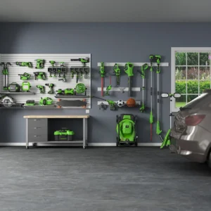 Greenworks verkfæri á vegg í skipulögðum bílskúr