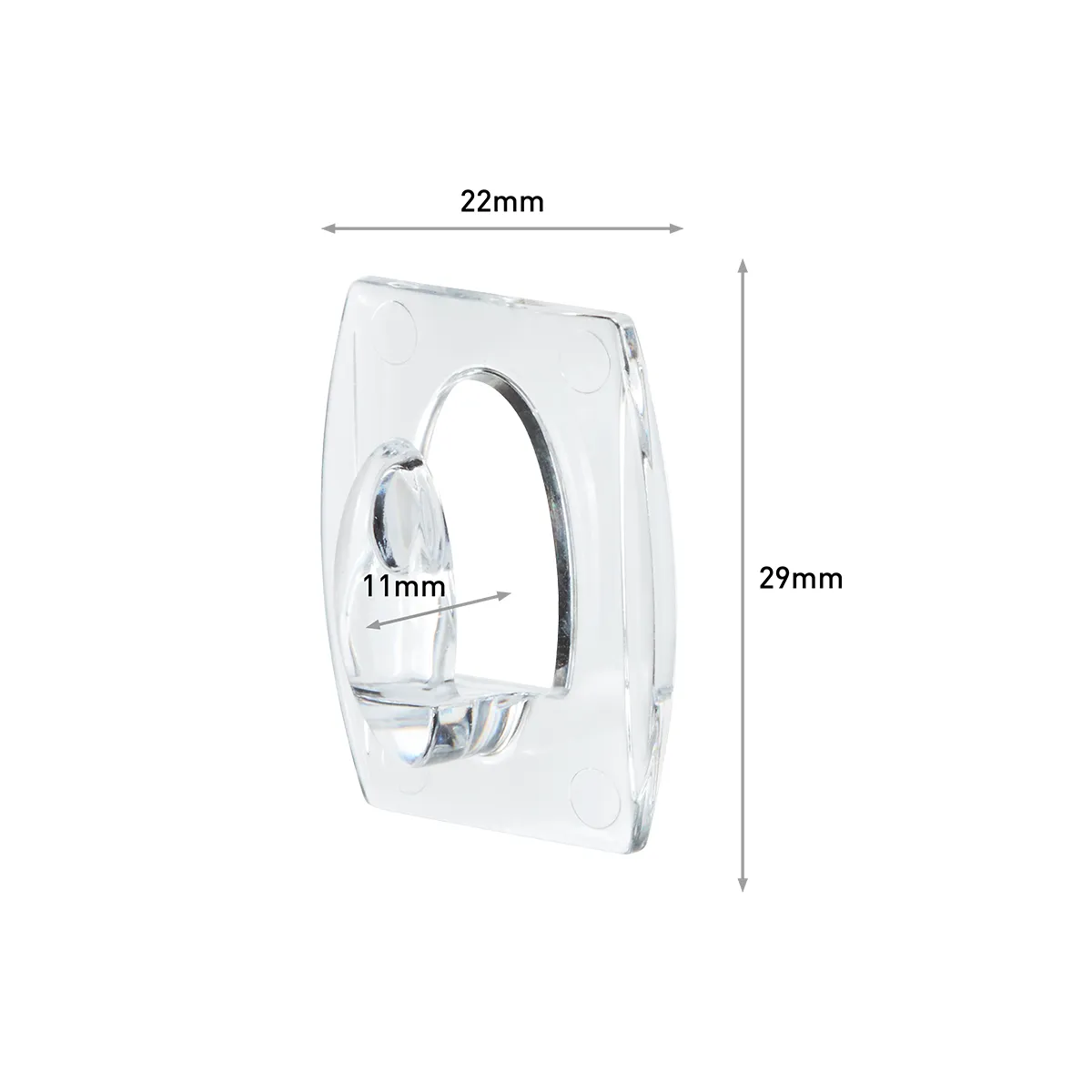 Málsetning á glærum Command smákrók með breidd, hæð og dýpt.