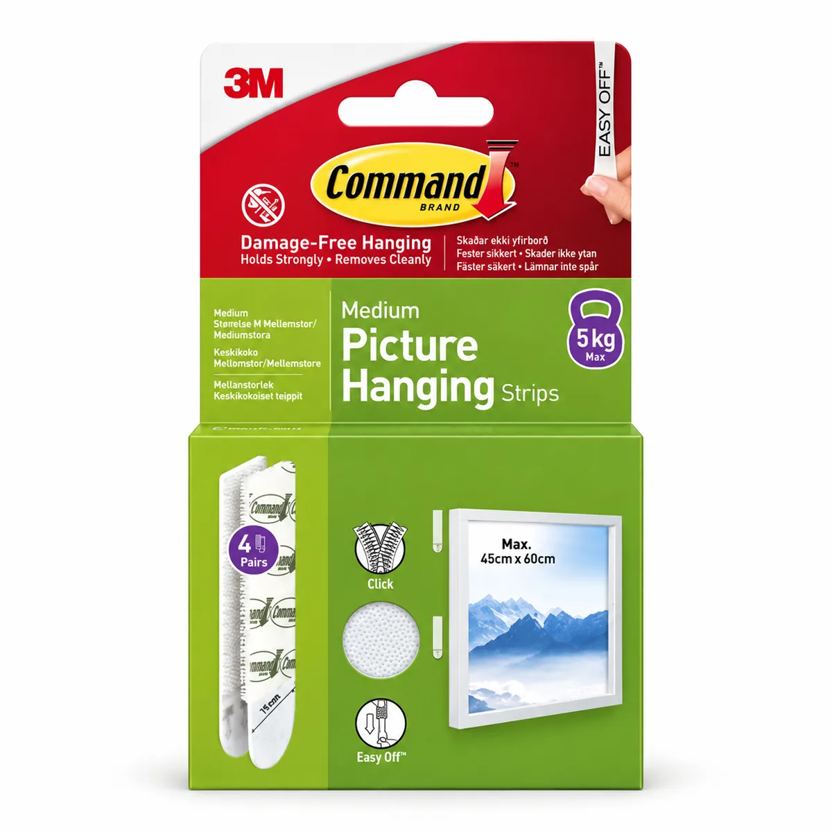 Command pakkning með fjórum pörum af hvítum Medium myndafestistrimlum, merktum 5 kg.