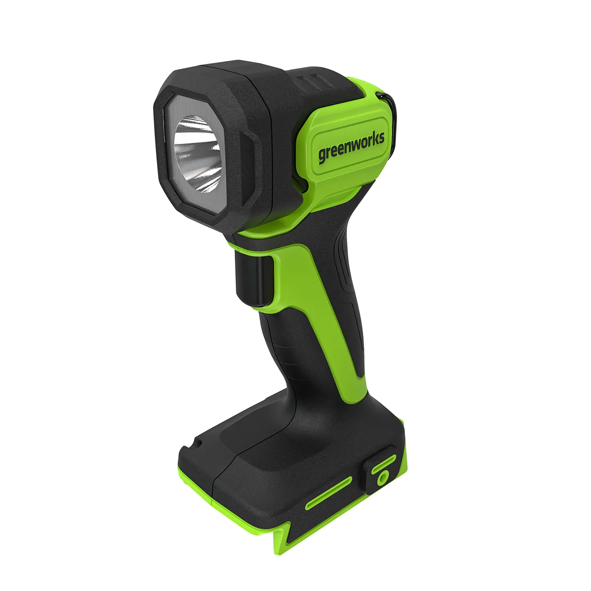 Greenworks G24SL200 vinnuljós séð skáhallt að framan frá merkjahlið.