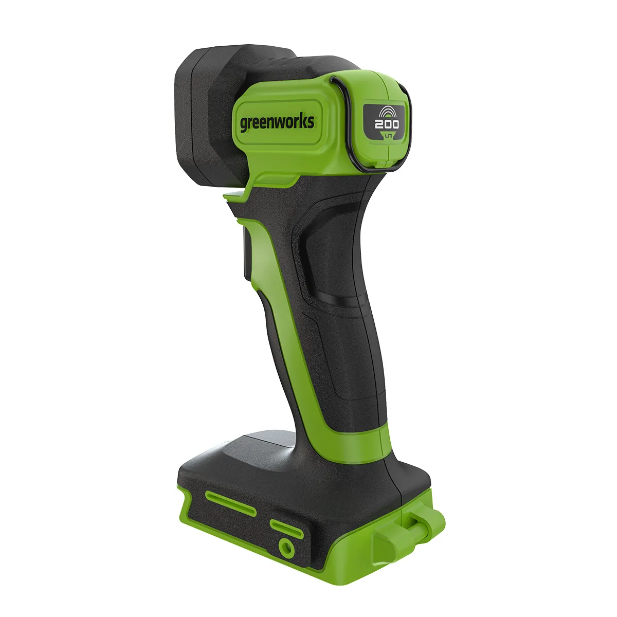 Greenworks G24SL200 vinnuljós séð skáhallt að aftan með 200 lm merkingu.