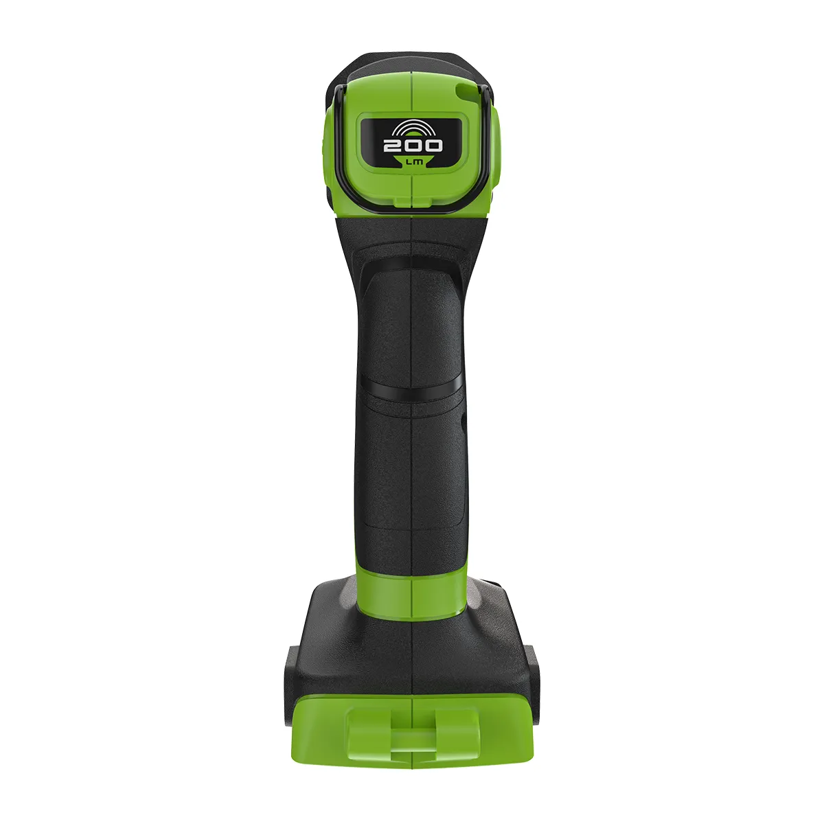 Bakhlið Greenworks G24SL200 vinnuljóss með hengilykkju og 200 lm merkingu.