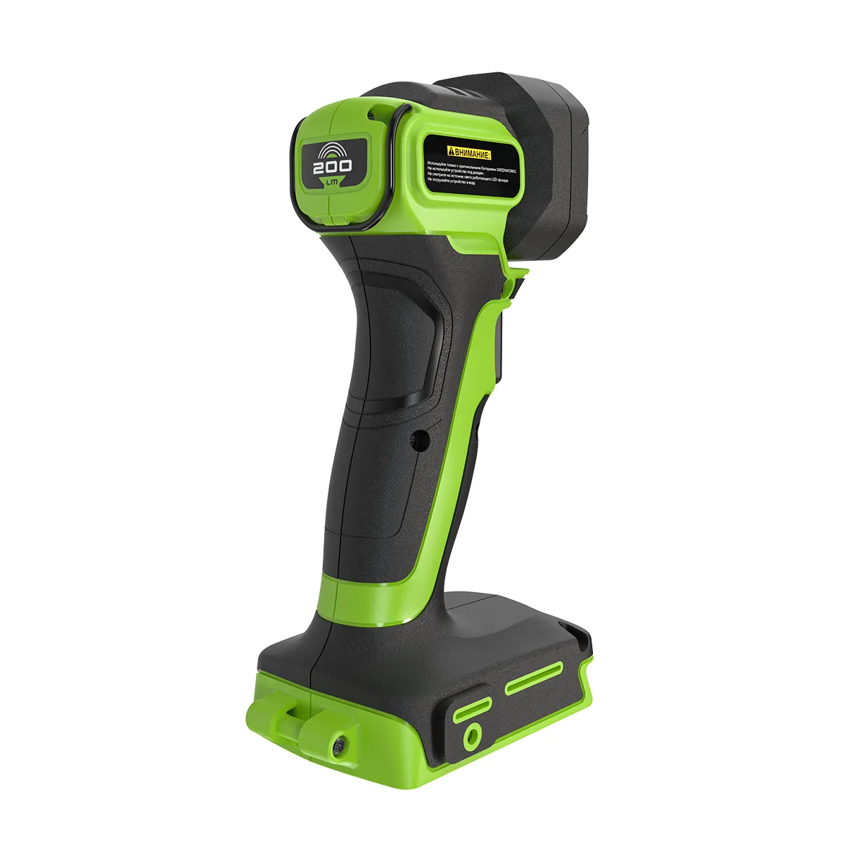 Greenworks G24SL200 vinnuljós séð skáhallt að aftan frá hlið með viðvörunarmerkingu.