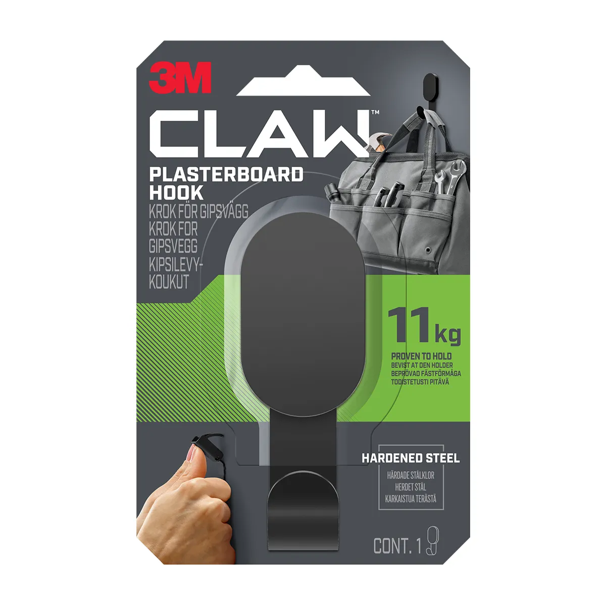 Pakkning með svörtum 3M CLAW snaga fyrir gifsveggi, merktum 11 kg.