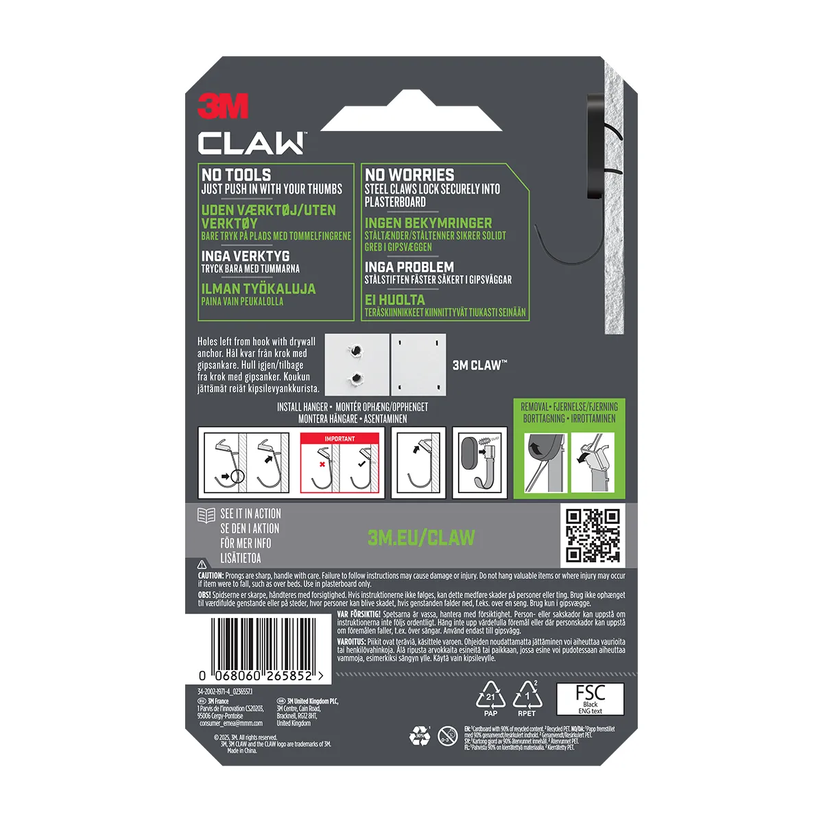 Bakhlið pakkningar fyrir 11 kg 3M CLAW snaga með uppsetningarleiðbeiningum.