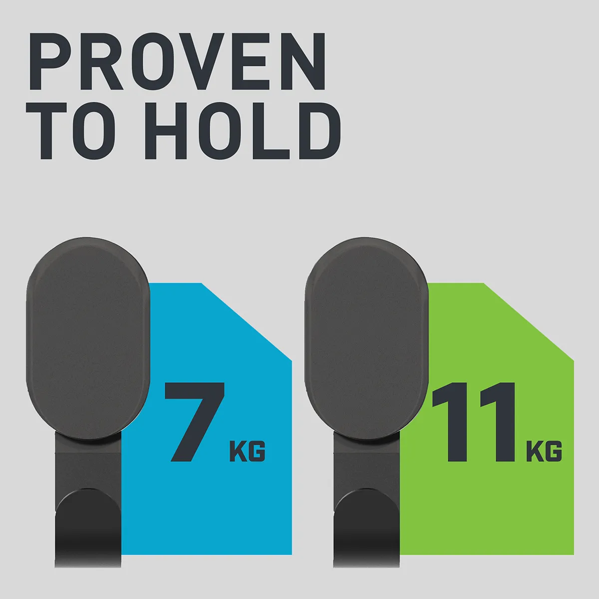 Samanburður á svörtum 3M CLAW snögum með 7 kg og 11 kg burðarþoli.