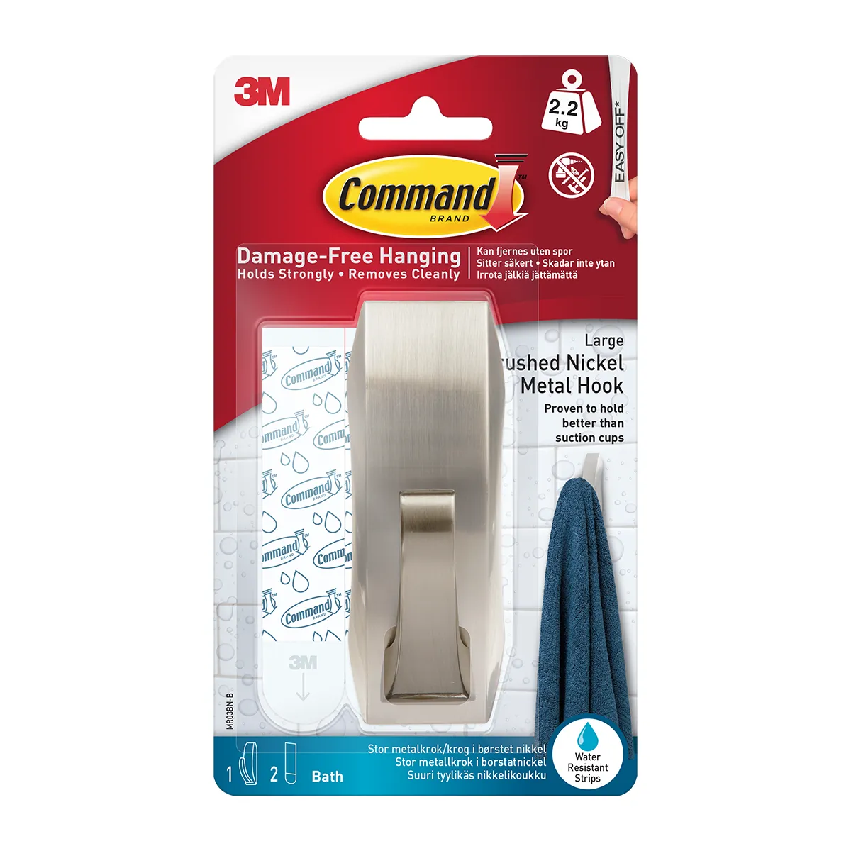 Pakkning með Command málmkrók í nikkeláferð, merktum 2,2 kg.