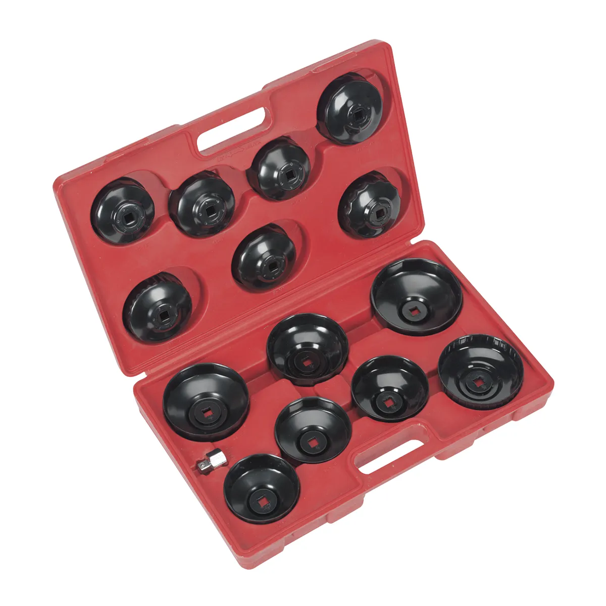 15 stykkja Sealey sett með olíusíutoppum og millistykki fyrir 3/8" og 1/2" drif. Plasttaska fylgir.