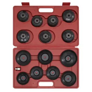 15 stykkja Sealey sett með olíusíutoppum og millistykki fyrir 3/8" og 1/2" drif. Plasttaska fylgir.