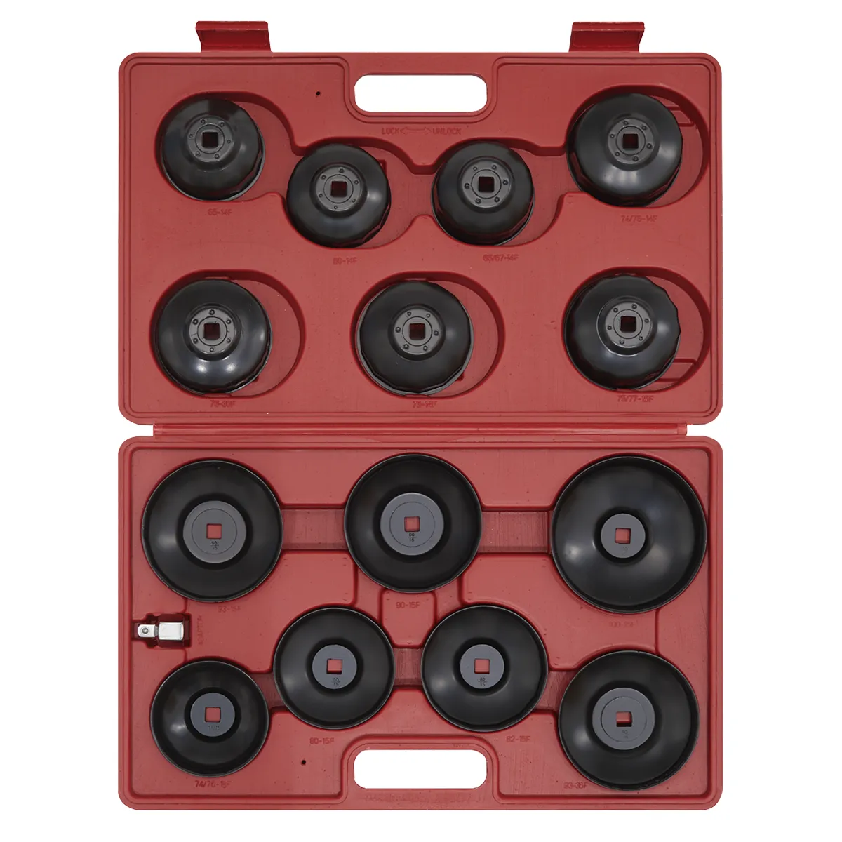 15 stykkja Sealey sett með olíusíutoppum og millistykki fyrir 3/8" og 1/2" drif. Plasttaska fylgir.