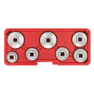 Sjö stykkja Sealey sett með olíusíutoppum 24–38 mm fyrir 3/8" drif. Plasttaska fylgir.