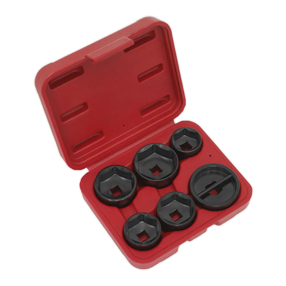 Sealey sett með sex olíusíutoppum í stærðum 24, 27, 29, 32, 36 og 42 mm. Plasttaska fylgir.