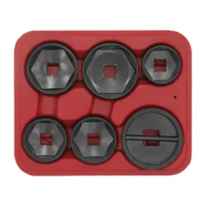 Sealey sett með sex olíusíutoppum í stærðum 24, 27, 29, 32, 36 og 42 mm. Plasttaska fylgir.