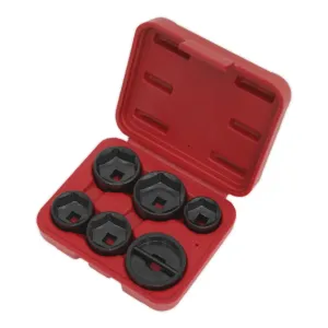 Sealey sett með sex olíusíutoppum í stærðum 24, 27, 29, 32, 36 og 42 mm. Plasttaska fylgir.