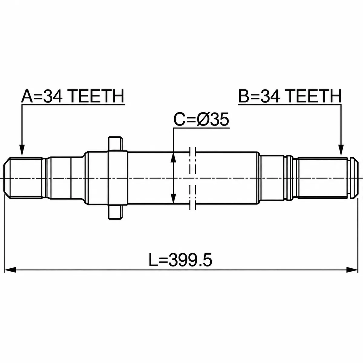 Málteikning Febest 1812-ZAFCRH: lengd 399,5 mm, þvermál C 35 mm og 34 tennur í báðum endum.