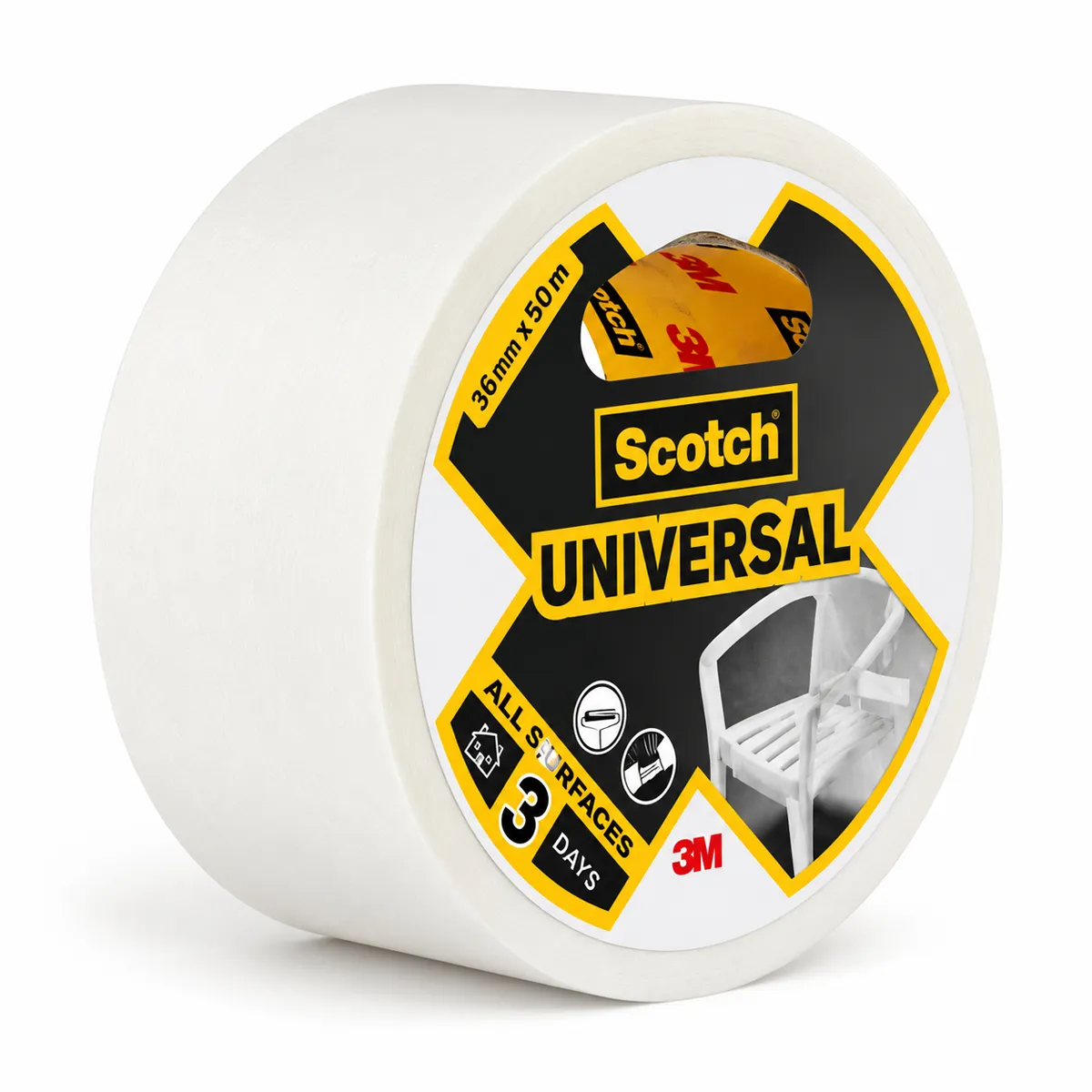 Hvít Scotch Universal límbandsrúlla frá 3M með gulri og svartri vörumerkingu.