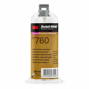 3M Scotch-Weld DP760 epoxýlím í hvítu 50 ml tvíhólfa hylki með gylltum merkimiða og gráu loki.