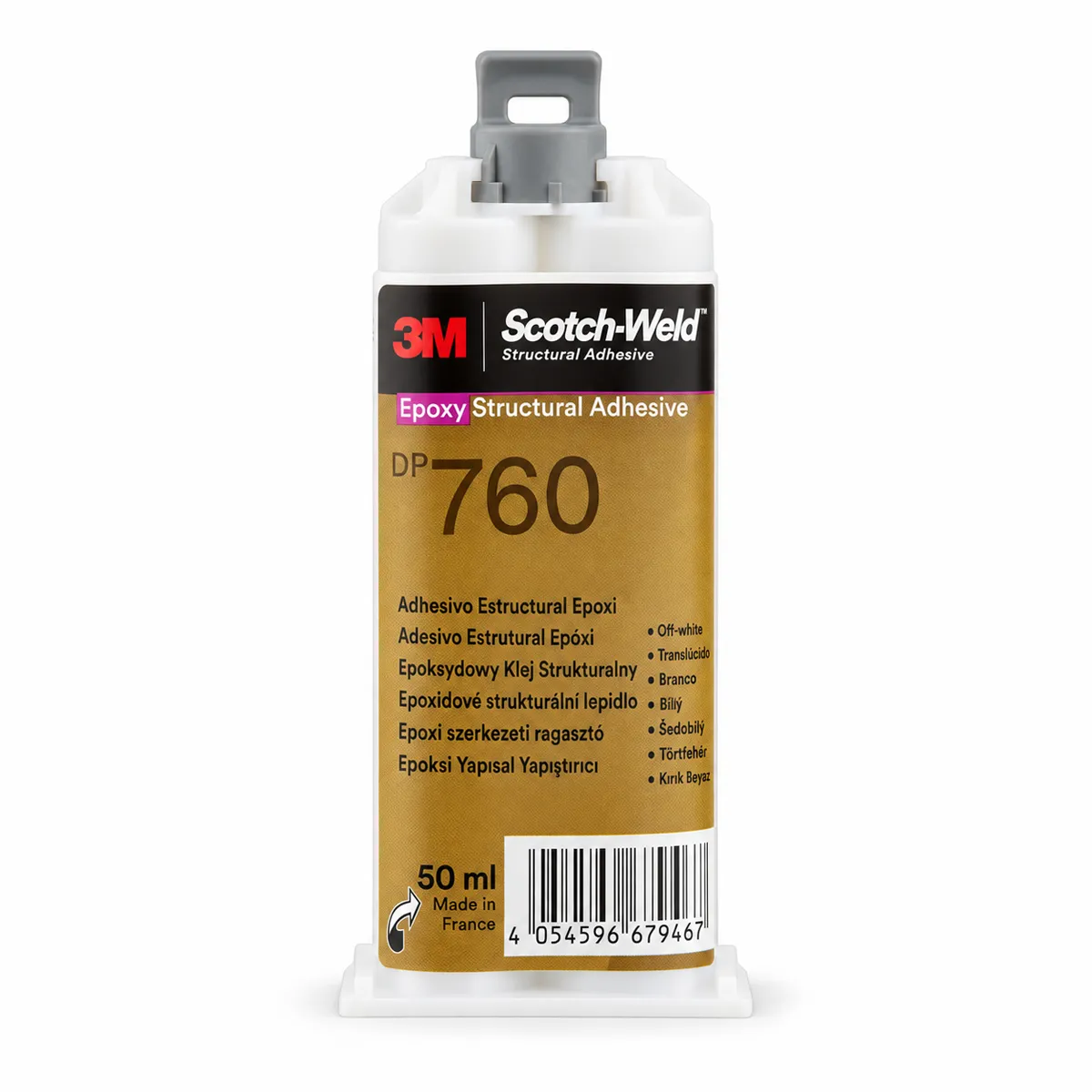 3M Scotch-Weld DP760 epoxýlím í hvítu 50 ml tvíhólfa hylki með gylltum merkimiða og gráu loki.