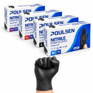 Svartur nítrilhanski og fjórar 100 stykkja pakkningar